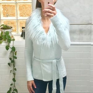 Faux Fir Collar Knit Wrap Baby Blue Cardigan